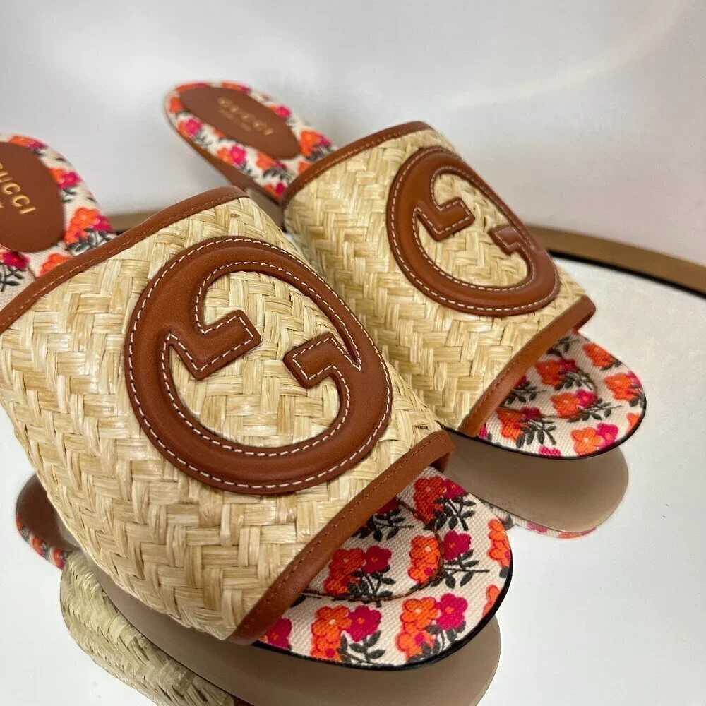 GUCCI Mabel Leather-trimmed Raffia Mules in Beige Size 8.5US / 38.5EU